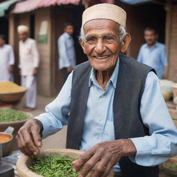 An endearing 87-year-old Pakistani tea seller with a warm smile, dispensing tea in traditional attire in the backdrop of an active market place