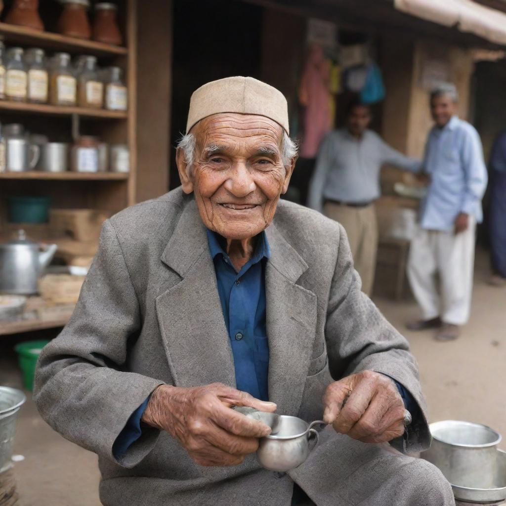 An endearing 87-year-old Pakistani tea seller with a warm smile, dispensing tea in traditional attire in the backdrop of an active market place