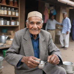 An endearing 87-year-old Pakistani tea seller with a warm smile, dispensing tea in traditional attire in the backdrop of an active market place