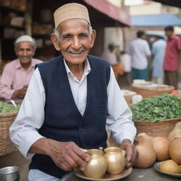 An endearing 87-year-old Pakistani tea seller with a warm smile, dispensing tea in traditional attire in the backdrop of an active market place