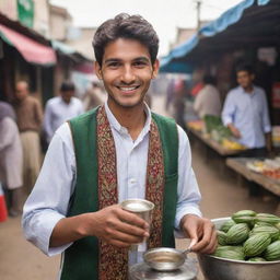 A charming 22-year-old Pakistani tea seller with a charismatic smile, serving traditional tea clad in cultural attire, with a vibrant market trailing behind