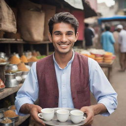 A charming 22-year-old Pakistani tea seller with a charismatic smile, serving traditional tea clad in cultural attire, with a vibrant market trailing behind