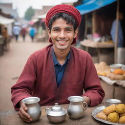 A charming 22-year-old Pakistani tea seller with a charismatic smile, serving traditional tea clad in cultural attire, with a vibrant market trailing behind