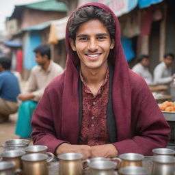 A charming 22-year-old Pakistani tea seller with a charismatic smile, serving traditional tea clad in cultural attire, with a vibrant market trailing behind