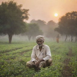 An Indian farmer engaged in field work, surrounded by lush greenery, with traditional attire and tools, against the backdrop of a setting sun.