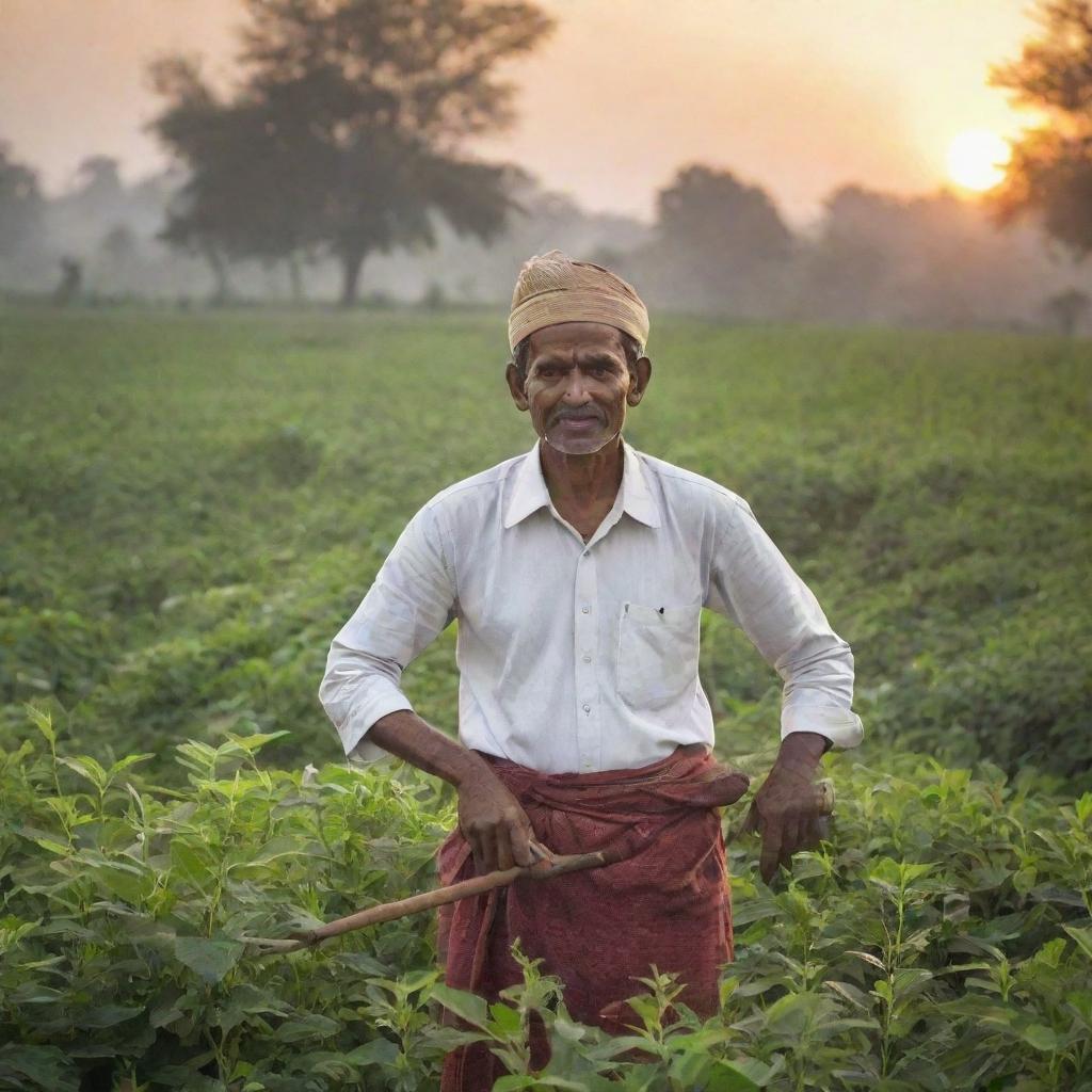 An Indian farmer engaged in field work, surrounded by lush greenery, with traditional attire and tools, against the backdrop of a setting sun.