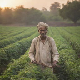 An Indian farmer engaged in field work, surrounded by lush greenery, with traditional attire and tools, against the backdrop of a setting sun.