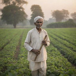 An Indian farmer engaged in field work, surrounded by lush greenery, with traditional attire and tools, against the backdrop of a setting sun.