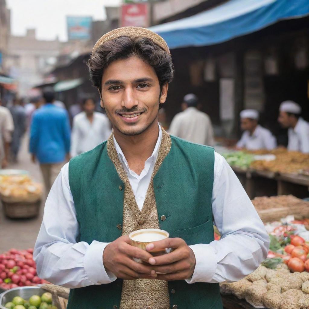 An image of the best tea seller, a charming 22-year-old Pakistani man, renowned for his charisma and traditional tea, adorned in local attire against a backdrop of a bustling market.