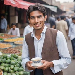 An image of the best tea seller, a charming 22-year-old Pakistani man, renowned for his charisma and traditional tea, adorned in local attire against a backdrop of a bustling market.