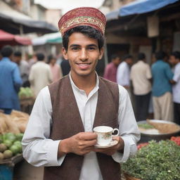 An image of the best tea seller, a charming 22-year-old Pakistani man, renowned for his charisma and traditional tea, adorned in local attire against a backdrop of a bustling market.