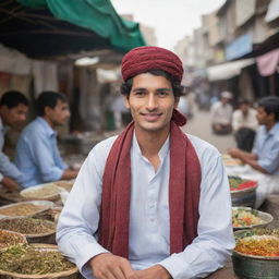 An image of the best tea seller, a charming 22-year-old Pakistani man, renowned for his charisma and traditional tea, adorned in local attire against a backdrop of a bustling market.