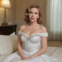 American actress Scarlett Johansson in a beautifully adorned bedroom, wearing an elegant white dress, the soft lighting highlighting her radiant appearance.