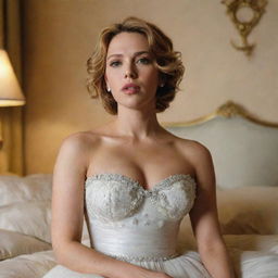 American actress Scarlett Johansson in a beautifully adorned bedroom, wearing an elegant white dress, the soft lighting highlighting her radiant appearance.