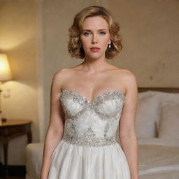 American actress Scarlett Johansson in a beautifully adorned bedroom, wearing an elegant white dress, the soft lighting highlighting her radiant appearance.