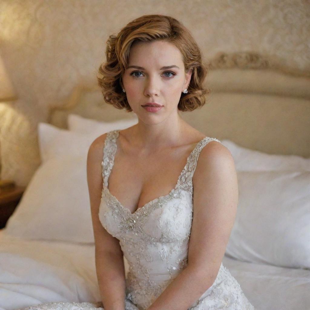 American actress Scarlett Johansson in a beautifully adorned bedroom, wearing an elegant white dress, the soft lighting highlighting her radiant appearance.