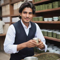 The globally recognized best tea seller, a charismatic 22-year-old Pakistani man, renowned for his exceptional tea served in a setting of cultural vibrancy, working diligently in his marketplace.