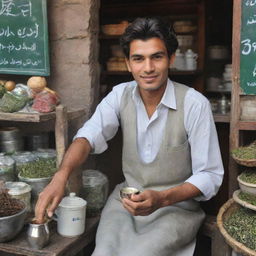 The globally recognized best tea seller, a charismatic 22-year-old Pakistani man, renowned for his exceptional tea served in a setting of cultural vibrancy, working diligently in his marketplace.