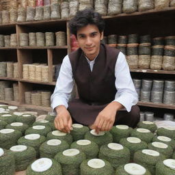 The globally recognized best tea seller, a charismatic 22-year-old Pakistani man, renowned for his exceptional tea served in a setting of cultural vibrancy, working diligently in his marketplace.