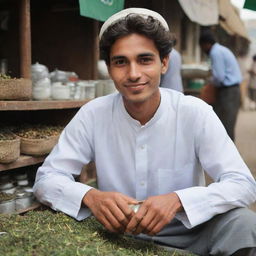 The globally recognized best tea seller, a charismatic 22-year-old Pakistani man, renowned for his exceptional tea served in a setting of cultural vibrancy, working diligently in his marketplace.