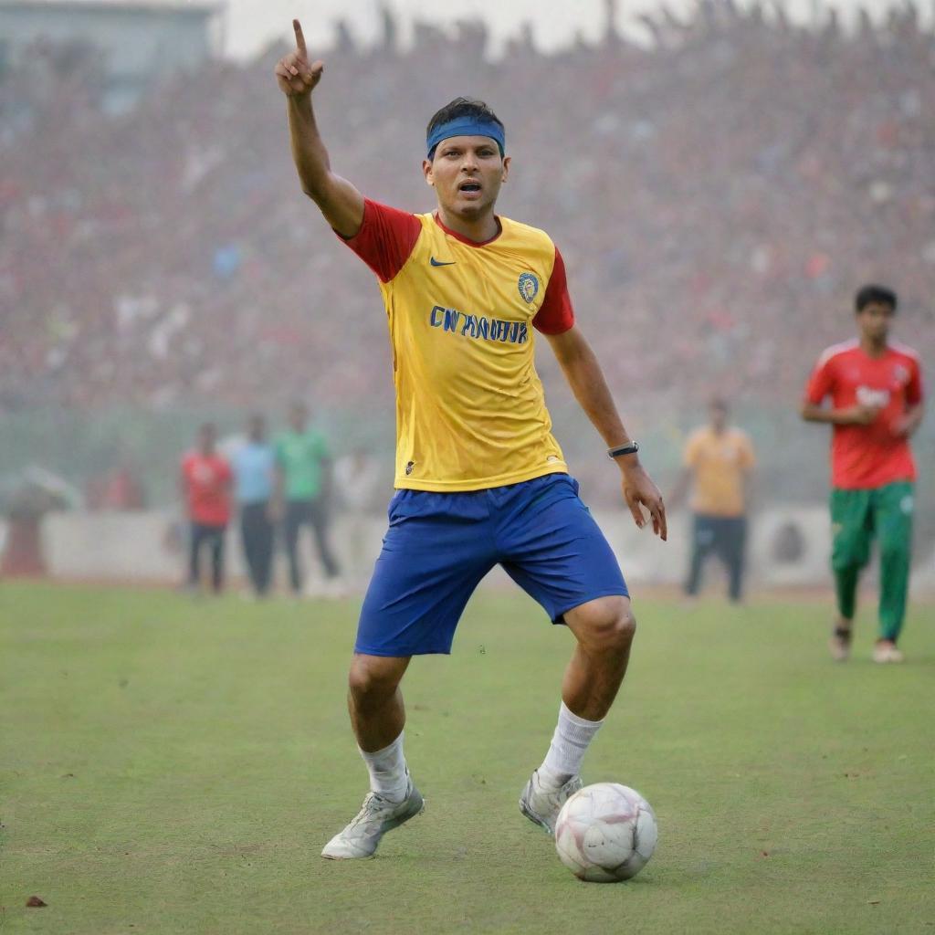 Zubeen Garg dressed in athletic wear, dynamically playing football on a vibrant, professionally marked field with an audience cheering him in the background.