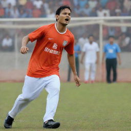 Zubeen Garg dressed in athletic wear, dynamically playing football on a vibrant, professionally marked field with an audience cheering him in the background.