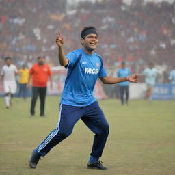 Zubeen Garg dressed in athletic wear, dynamically playing football on a vibrant, professionally marked field with an audience cheering him in the background.