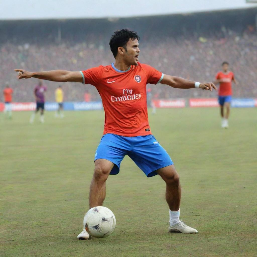 Zubeen Garg dressed in athletic wear, dynamically playing football on a vibrant, professionally marked field with an audience cheering him in the background.