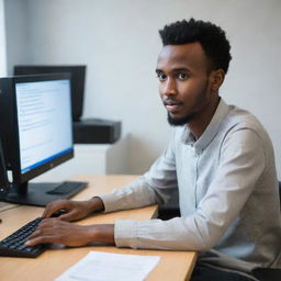 A 28-year-old Somali person engaged in web development, sitting at a desk with a computer displaying code, in a professional yet creative environment.