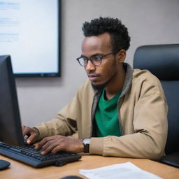 A 28-year-old Somali person engaged in web development, sitting at a desk with a computer displaying code, in a professional yet creative environment.