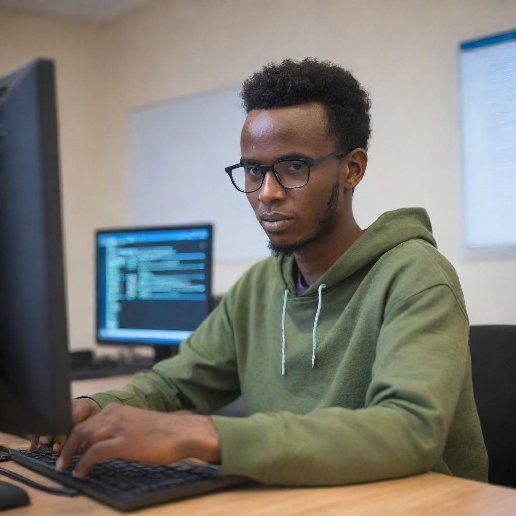 A 28-year-old Somali person engaged in web development, sitting at a desk with a computer displaying code, in a professional yet creative environment.