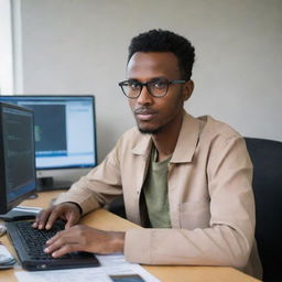 A 28-year-old Somali person engaged in web development, sitting at a desk with a computer displaying code, in a professional yet creative environment.