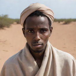 Portrait of a 25 year old Somali individual displaying a sense of solitude.