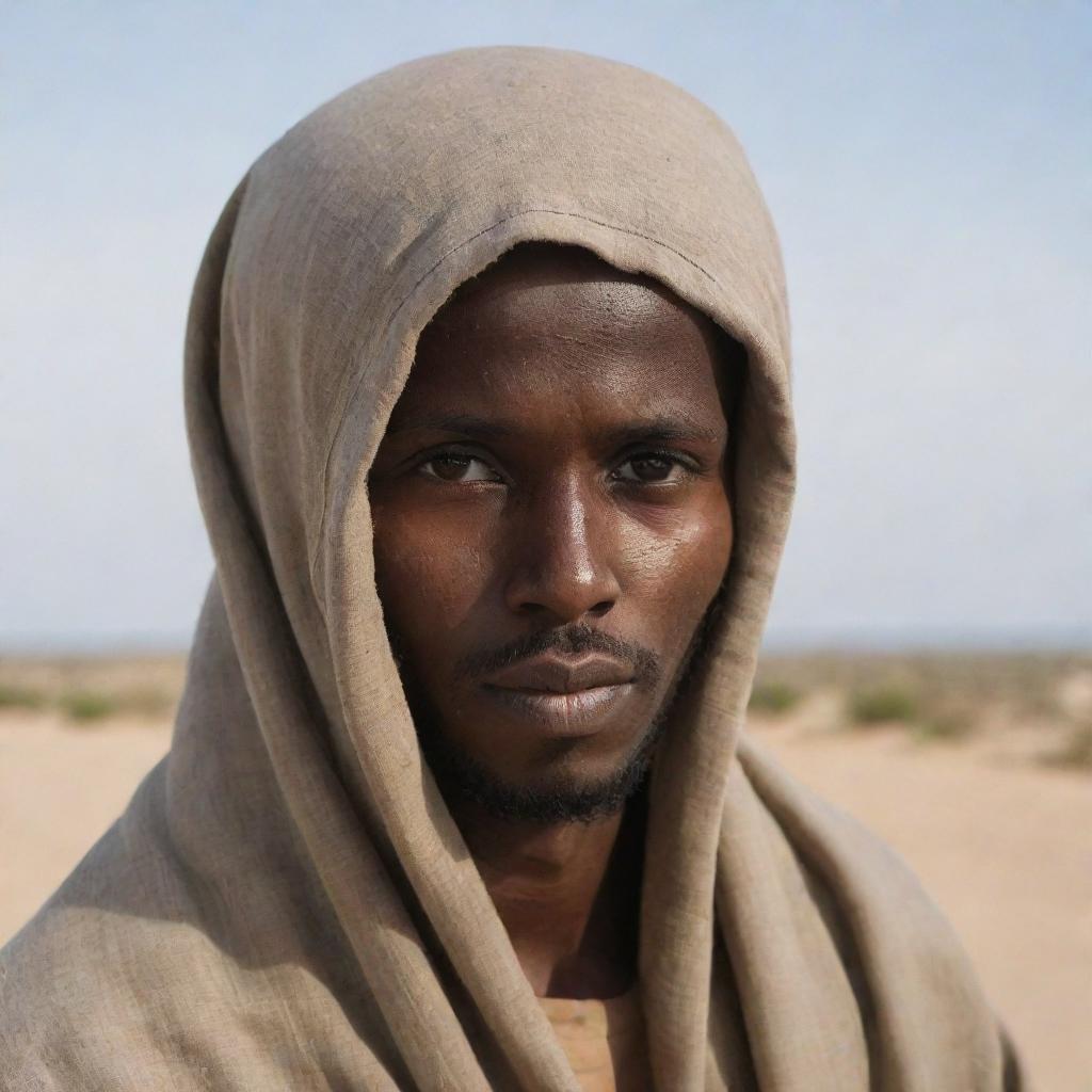 Portrait of a 25 year old Somali individual displaying a sense of solitude.