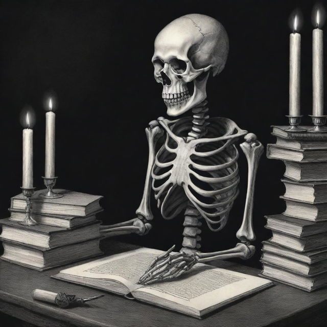 A detailed, visually striking illustration of a skeleton intently studying a pile of books with a vintage quill pen in one hand, a candle on the table illuminating the scene.