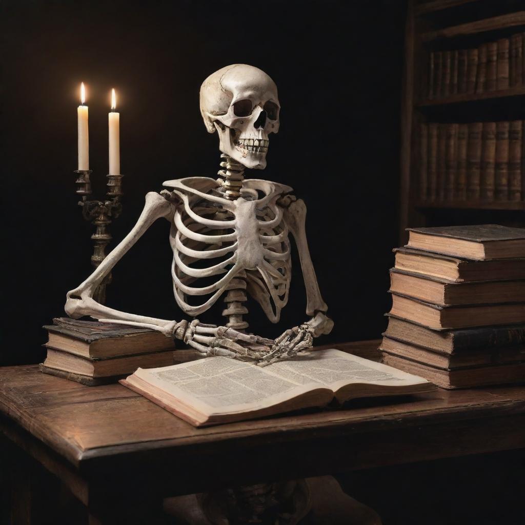 A detailed, visually striking illustration of a skeleton intently studying a pile of books with a vintage quill pen in one hand, a candle on the table illuminating the scene.