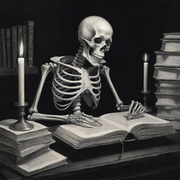 A detailed, visually striking illustration of a skeleton intently studying a pile of books with a vintage quill pen in one hand, a candle on the table illuminating the scene.