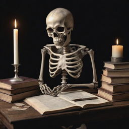 A detailed, visually striking illustration of a skeleton intently studying a pile of books with a vintage quill pen in one hand, a candle on the table illuminating the scene.