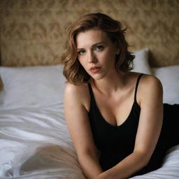 Scarlett Johansson, an American actress, languidly resting on her chest on a plush bed in a dimly lit bedroom, wearing a stylish black two-piece dress, creating a cozy intimate atmosphere.