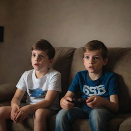 Two young brothers engrossed in a video game, sitting on a comfortable couch, their wide eyes reflecting the light from the TV in a dimly lit room.