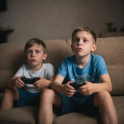 Two young brothers engrossed in a video game, sitting on a comfortable couch, their wide eyes reflecting the light from the TV in a dimly lit room.