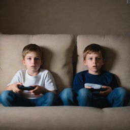 Two young brothers engrossed in a video game, sitting on a comfortable couch, their wide eyes reflecting the light from the TV in a dimly lit room.