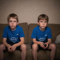 Two young brothers engrossed in a video game, sitting on a comfortable couch, their wide eyes reflecting the light from the TV in a dimly lit room.