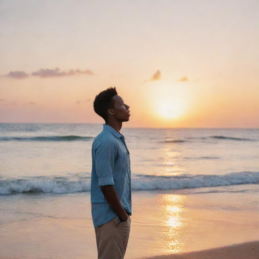 A slim, 26-year-old Somali boy immersed in deep thought about love, while standing on a serene beach with the waves gently lapping at his feet and the sunset in the backdrop.