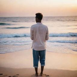 A slim, 26-year-old Somali boy immersed in deep thought about love, while standing on a serene beach with the waves gently lapping at his feet and the sunset in the backdrop.