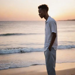 A slim, 26-year-old Somali boy immersed in deep thought about love, while standing on a serene beach with the waves gently lapping at his feet and the sunset in the backdrop.