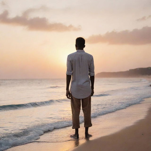 A slim, 26-year-old Somali boy immersed in deep thought about love, while standing on a serene beach with the waves gently lapping at his feet and the sunset in the backdrop.