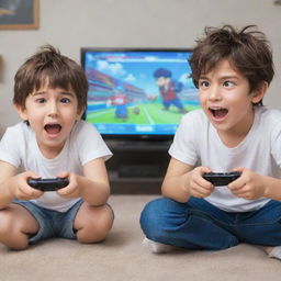 Two cartoon-style anime brothers immersed in an exciting video game on their TV. One is rapt in concentration, joystick in hand, while the other cheers him on.