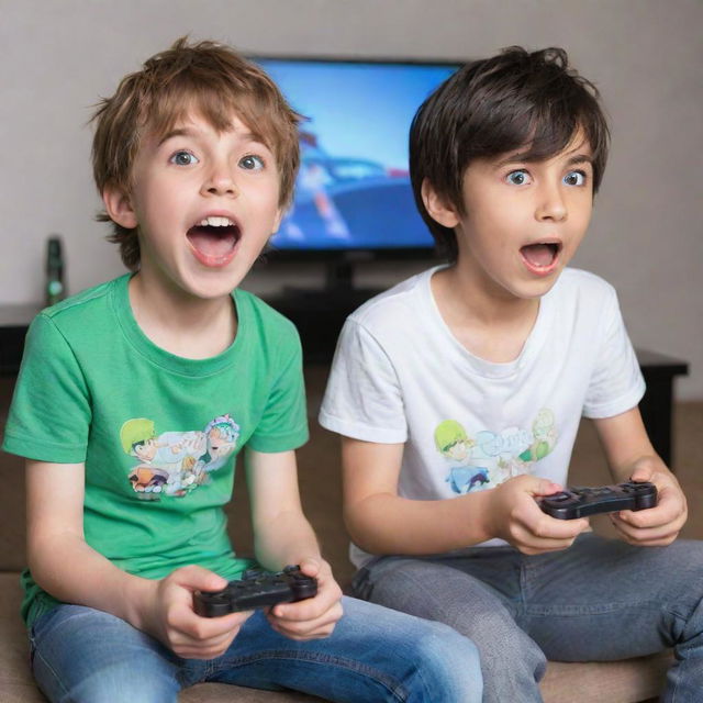 Two cartoon-style anime brothers immersed in an exciting video game on their TV. One is rapt in concentration, joystick in hand, while the other cheers him on.