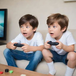 Two cartoon-style anime brothers immersed in an exciting video game on their TV. One is rapt in concentration, joystick in hand, while the other cheers him on.